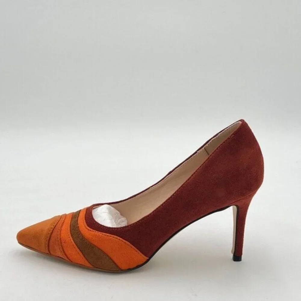 FOWT Women Rainbow Color Stripes Block Mid Heel Pumps Slip on Pointed Toe Office